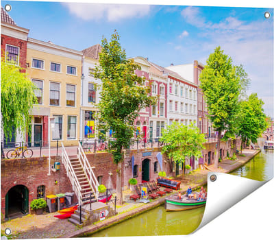 Gards Tuinposter Huisjes aan de Oudegracht in Utrecht - 80x60 cm - Tuindoek - Tuindecoratie - Wanddecoratie buiten - Tuinschilderij