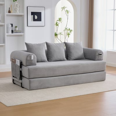 Wishdor - Modulaire Bank - Met Zijvak En 3 Kussens - Modern - Voor Woonkamer - Ribfluweel - Lichtgrijs - 200 x 94 x 67 cm