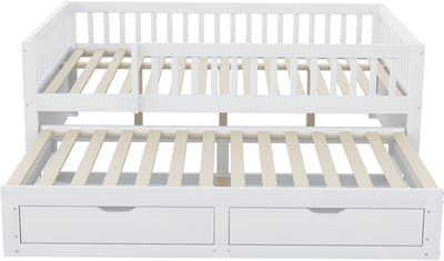 Slaapbank 140x200 - Kinderbed - Logeerbed - Tienerbed - Uitvalbeveiliging - Uitschuifbaar - Lattenbodem - Slaapkamer - 140x200 cm - 2 Lades - Wit