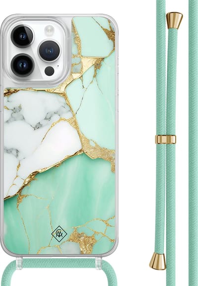 Casimoda® hoesje met mintgroen koord - Geschikt voor iPhone 13 Pro Max - Marmer Mintgroen - Afneembaar koord - TPU/polycarbonaat - Mint