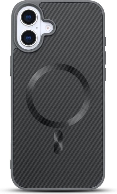 Casemania Hoesje Geschikt voor Apple iPhone 16 Plus - Grijs - Carbon Back Cover - Geschikt voor MagSafe