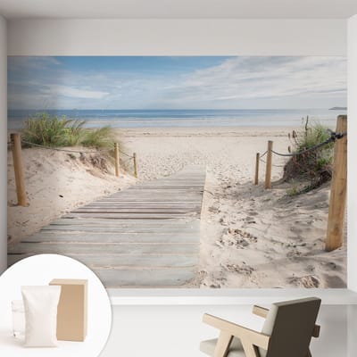 Coloray Behang - Houten loopbrug Wandbekleding - 152x104 cm - Wit Behang - Voor strand- en natuurliefhebbers - Behang Voor de slaapkamer, woonkamer en badkamer - Muurbehang Landschappen