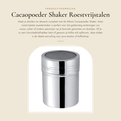 Dailygoods- Cacaopoeder Shaker - Roestvrijstalen Constructie - Stofdicht Deksel - Gelijkmatig Strooien - Keuken/Horeca - Compact (5,5*8,2 cm) - Poedershaker