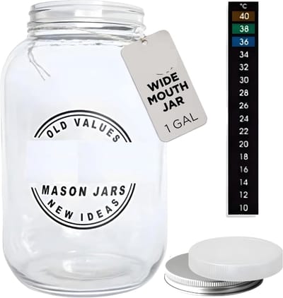 Famanu - 1 Gallon Pot Met Brede Mond 2x Schroefdeksel (Metaal en Kunststof) Deksels | Glazen pot Voor Beitsen, Koekjes en Geldopslag, Kombucha Maken en Meer