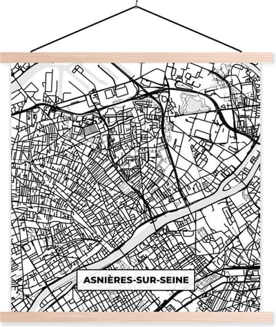 Posterhanger incl. Poster 40x40 cm - Schoolplaat - Frankrijk - Asnières-sur-Seine - Kaart - Plattegrond - Stadskaart - Zwart wit - Textielposter - Blanke latten - Stadskaart
