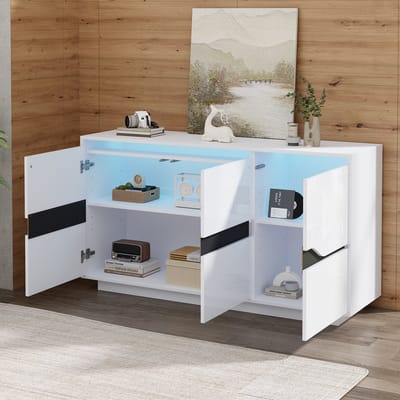 DESMIU Dressoir - Hoogglans Opbergkast Met Led En 3 Deuren - Voor Woonkamer En Hoekopstelling - Spaanplaat Wit Zwart - 140x40x70 Cm