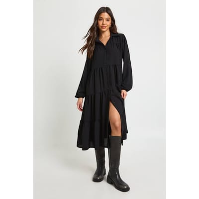 boohoo Dames Met textuur gelaagde midi smockjurk | Black | Maat: 8