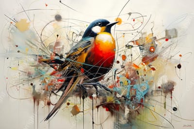 John Joseb Art (Canvas) 90x60 | Vogel op tak in abstracte stijl, kleurrijk, felle kleuren, kunst | dier, rood, grijs, bruin, blauw, modern | Foto-Schilderij canvas print (wanddecoratie)
