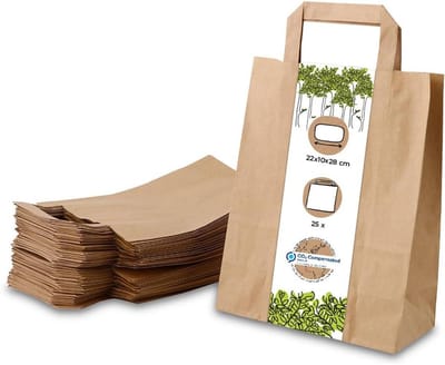 Grote Milieuvriendelijke Papieren Zakken met Handvat - Biologisch Afbreekbaar & Composteerbaar - Bruin Geschenktas (25 stuks, 22x10x28cm)