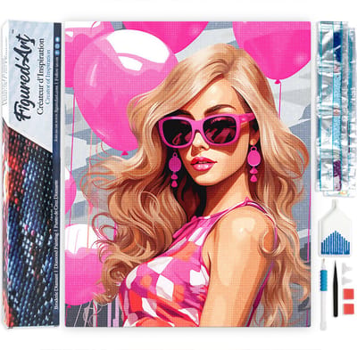 Figured'Art Diamond Painting set Volwassenen 40x50 cm Roze Ballonnen en de Diva - 5D DIY Art full drill vierkante diamant - Opgerold canvas