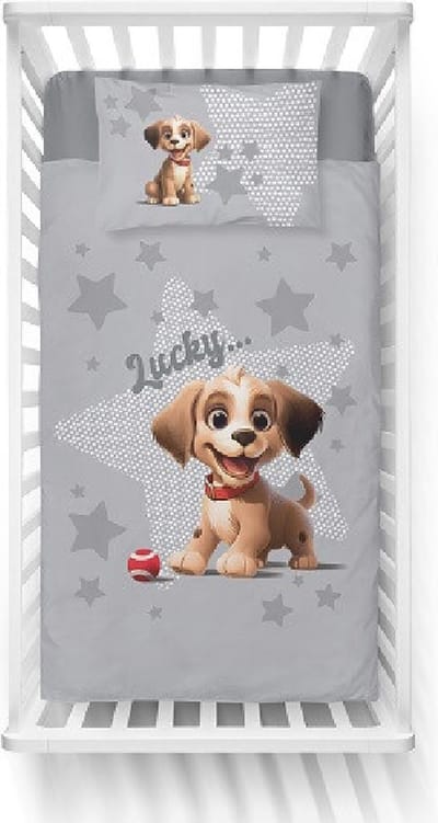 Mayamoo Baby dekbedovertrek Hondje Lucky 100x135 cm - Bamboe & Katoen - Met Kussensloop - 40x60 cm - Voor Ledikant bedden