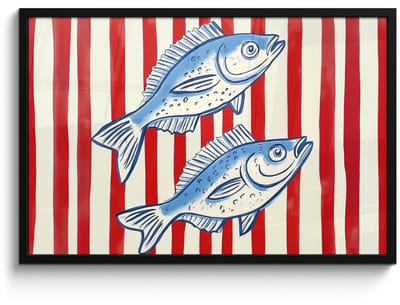 Poster in lijst - Fotolijst 90x60 cm - Posters - Vissen - Verticale strepen - Blauw - Rood - Posterlijst zwart - Decoratie - Wanddecoratie woonkamer - Muurdecoratie slaapkamer