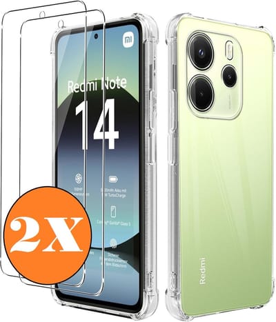 Hoesje Geschikt voor Xiaomi Redmi Note 14 4G hoesje transparant Anti Shock silicone hoesje met 2 Pack Xiaomi Redmi Note 14 Screenprotector tempered glass