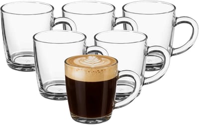 5Five Koffie glazen / Thee glazen - met oor - 12x stuks - transparant glas - 345 ml