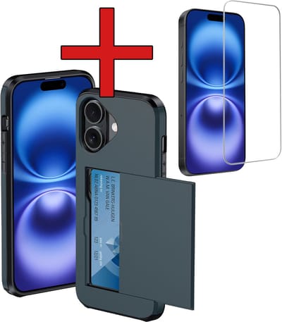 Hoesje Geschikt voor iPhone 16 Hoesje Met Pasjeshouder Hard Case Met Kaarthouder Met Screenprotector - Hoes Geschikt voor iPhone 16 Hoesje Shock Proof Case - Donkerblauw