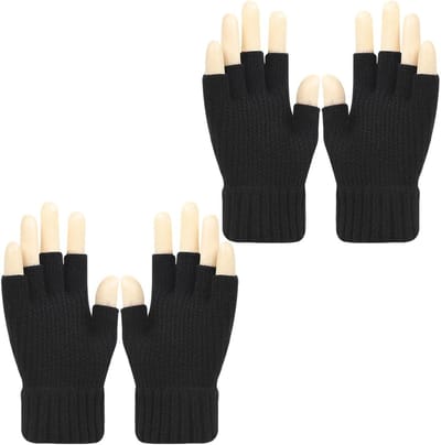 Zwarte gebreide winterhandschoenen voor dames en heren - Set van 2 paar - Warm en elastisch - Geschikt voor fietsen, skiën en dagelijks gebruik