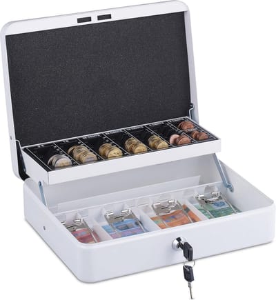 Geldkistje met telbord en afsluitbaar slot - Draagbare kassa met 4 vakken voor briefjes en munten - 8,5 x 30,5 x 24,5 cm