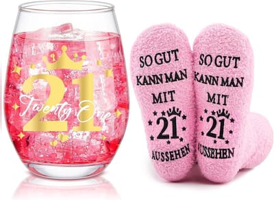 Luxe 21e Verjaardag Cadeauset voor Vrouwen - Inclusief Rode Wijnglazen en Sokken voor Vriendin, Zus of Dochter die 21 Wordt
