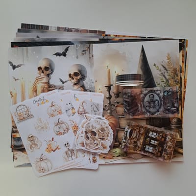Cozy Halloween journal set - stickers - papier - thema skelet herfst pompoen - bullet journal stickers- washi tape - transparante stickers - scrapbook - knutsel bundel - hobbypakket - volwassenen en kinderen