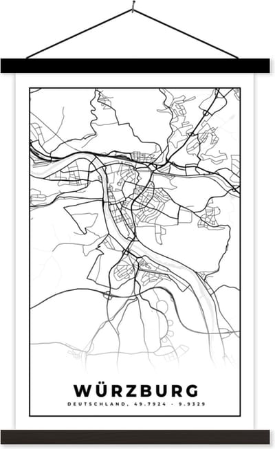 Posterhanger incl. Poster 40x60 cm - Schoolplaat - Würzburg - Kaart - Stadskaart - Plattegrond - Textielposter - Zwarte latten - Stadskaart