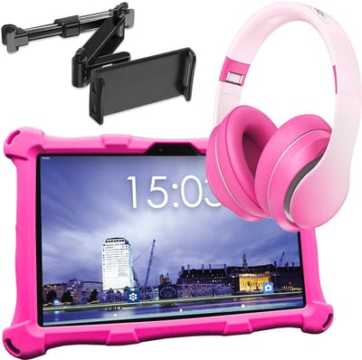 AngelTech Luxe OnderwegPakket XL – Kindertablet XL Roze + Kinderkoptelefoon + Tablethouder - Kindertablet Vanaf 3 Jaar – Kinder Tablet – Kids Tablet - Tablet voor Kinderen