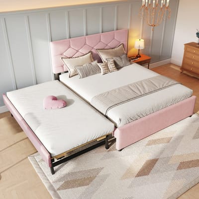 Sweiko Gestoffeerd bed - 140x200cm - Met uitschuifbaar bed - Zonder matras - Velvet - Roze