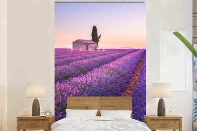 Behang - Fotobehang Lavendel - Zonsondergang - Paars - Bloemen - Breedte 145 cm x hoogte 220 cm