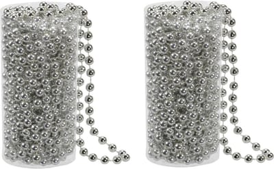2x stuks kralenslingers kerstboom slingers/guirlandes zilver 8 meter - Kerstversiering kerstslingers
