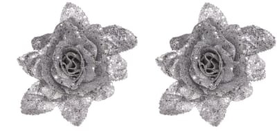 Kerstboomversiering Bloemen - 2x - 10 cm - zilver glitter - op clip - ornament - roos