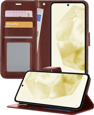 Hoesje - Met Pasjeshouder - Geschikt voor Samsung Galaxy A35 - Luxe Bookcase Portemonee - Flip Case - Kunstleer Book Case - Flipcase - Book Cover - Walletcase - Portemonneehoes - Telefoonhoesjes - Bruin