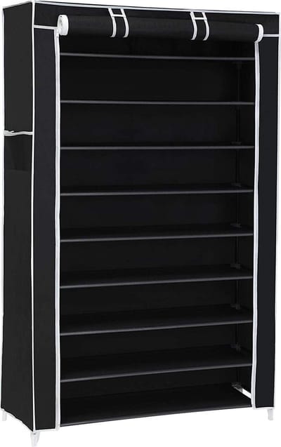 Schoenenrek van stof en metaal / Geschikt voor 40 paar schoenen / Dicht te ritsen / Stofvrij / 160 cm hoog - Zwart