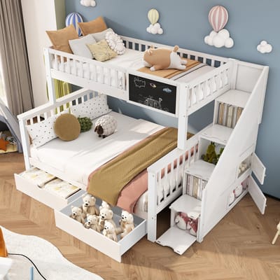 MODENUIT Stapelbed 90x200cm + 140x200cm – Met krijtbord en trapkast – 2 lades – Grenenhout en MDF – Zonder matras – Wit