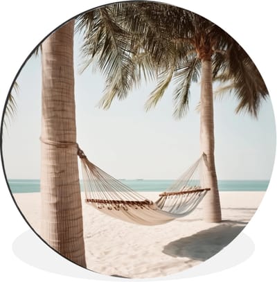 WallCircle - Wandcirkel - Muurcirkel - Hangmat - Palmbomen - Strand - Zee - Aluminium - Dibond - 30x30 cm - Binnen en Buiten