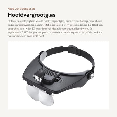 Dailygoods - Hoofdvergrootglas - Horlogereparatiegereedschap - 3 LED-lampen - 6 Verwisselbare lenzen - Vergroting 1X tot 8X - Geschikt voor precisiewe...