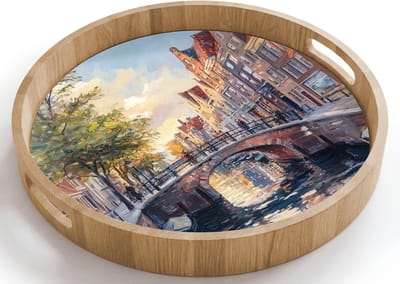 Dienblad rond 40x40 cm - Schootdienblad hout - Brug - Stad - Huizen - Boot - Borrelplank rechthoek - Plateau houten dienbladen