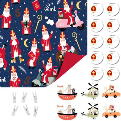Sinterklaas Cadeaupapier Set – 4 Rollen Dubbelzijdig Inpakpapier 12m + 6 Houten Mini Knijpers + 6 Cadeaulabels + 10 Naamstickers