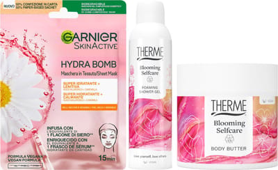 Therme Cadeauset Blooming Self Care Douche & Body - Therme Body Butter Blooming Self Care - Therme Foaming Shower Gel Blooming Self Care - Garnier Sheet Masker Hydra Bomb Sensitive