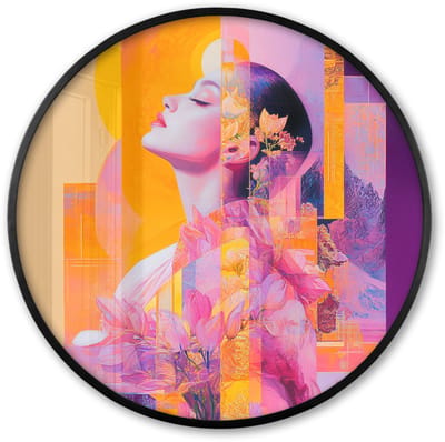 Poster in lijst Rond - Fotolijst 60x60 cm - Posters - Abstract - Portret - Vrouw - Kleurrijk - Ronde posterlijst zwart - Decoratie - Wanddecoratie woonkamer - Muurdecoratie slaapkamer