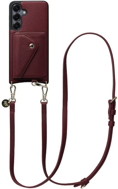 AVY Leren Hoesje geschikt voor Samsung Galaxy S25 / S24 | Met Koord en Magnetische Kaarthouder | Compatibel met MagSafe | Leather Case met 130CM Koord & Wallet | Long Leather | Burgundy