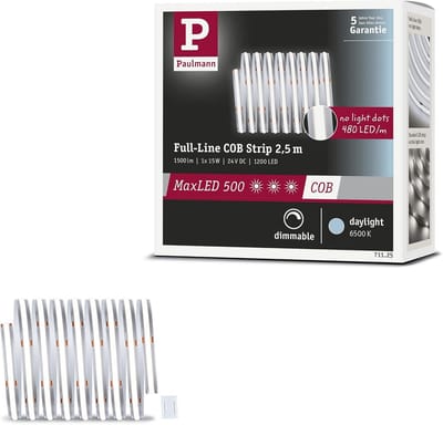 ' Paulmann 71124 MaxLED 500 LED-strip, volledig COB-systeem, 19W, 600lm/m, 480 LED''s/m, dimbaar, 3m, zilverkleurig kunststof, 6500K, uitschuifbare LED-strip'