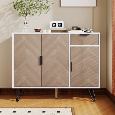 REDOM - Opbergkast - Met Lade En Verstelbare Planken - Modern - Voor Woonkamer - MDF En Spaanplaat - Wit En Houtkleur - 90 x 30 x 71,5 cm