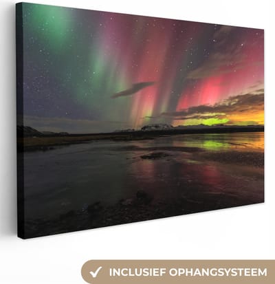 Canvas Schilderij Noorderlicht - IJsland - Kleuren - 90x60 cm - Wanddecoratie