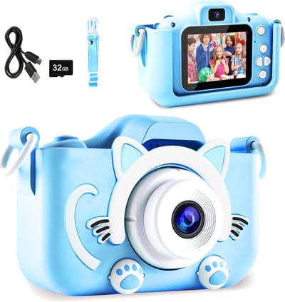 Digitale Kindercamera - 10 x 6 x 5,5 cm - Met 32GB Micro SD Kaart - Schokbestendig Fototoestel voor Kinderen - Vlog Camera - USB Oplaadbaar - Blauw