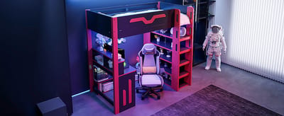 Hoogslaper 90x200 met Bureau en Opbergruimte - Zwart-Rood - LED