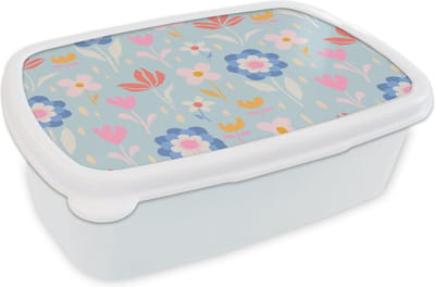 Broodtrommel Wit - Lunchbox - Brooddoos - Bloemen - Planten - Patroon - 18x12x6 cm - Volwassenen