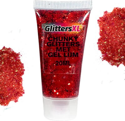 Chunky Glitters met Gel Lijm Tube (Rood) [Volume 20ML - Festival Jewels Glitter Outfit Lichaam en Gezicht - Make-up Diamond Dots Face Body - Diamantjes Strass Steentjes - Kinderen Volwassenen Dames Makeup Tattoo Mastix Schmink]