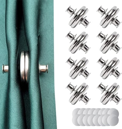 Dailygoods- Gordijnhouders Magnetisch - 8 Paar - Afneembaar Ontwerp - Muurbevestiging - Decoratie - Zilver - Eenvoudig te Installeren - Gordijnknopen