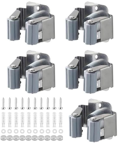 Dailygoods- Bezemhouder - Wandmontage - Roestvrij Staal - 5 Stuks - Inclusief Schroeven - Verstelbaar - Antislip Gears - Opbergbeugel