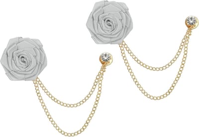 Stoffen Bloem Broche - Revers Speld - Feestelijke Accenten - Dubbele Ketting Details - 4cm Bloem Diameter - Grijs Roze