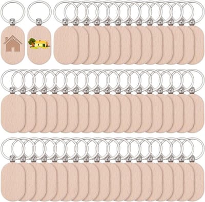 100 stuks onbewerkte houten sleutelhangers 83 mm lang ovaal met metalen sleutelhangers - Beukenhout voor houtgravure en creatief knutselen